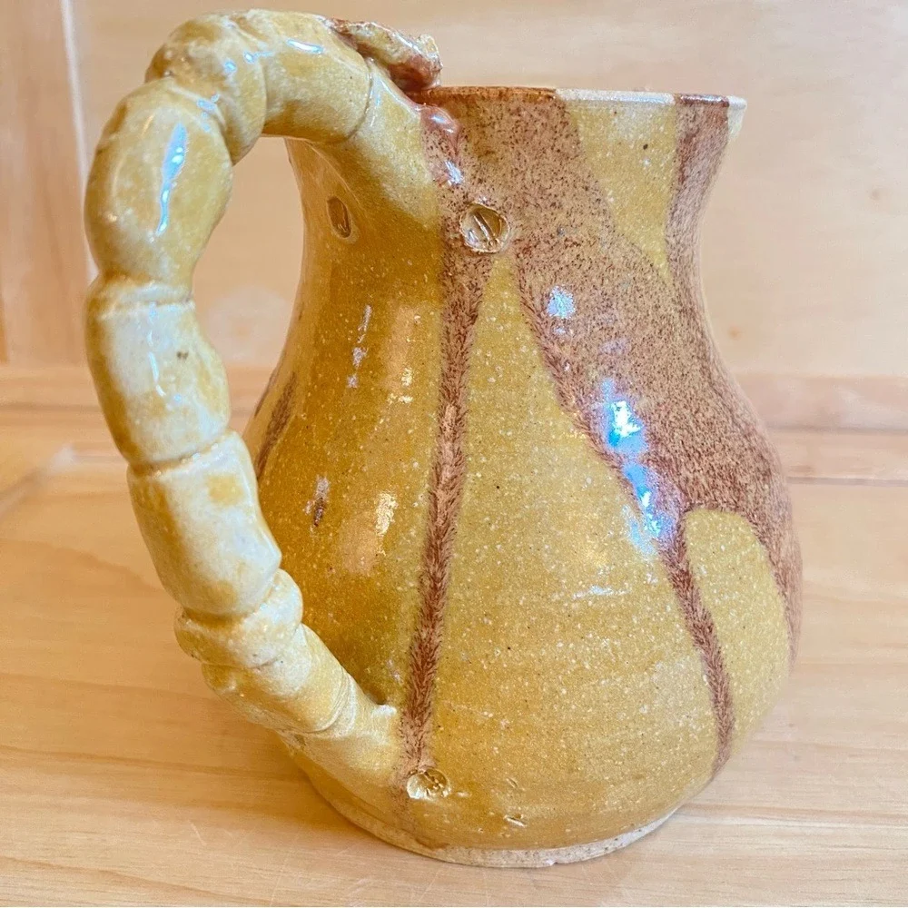 Handmade Studio PLUMPOTTERY G Yellow Brown‎ Glaze Stoneware Pottery Pitcher Jug